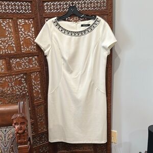 Ellen Tracy Cream Sheath Dress with Embellished Neckline